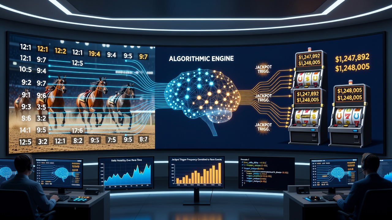 Diagram showing data flow between horse racing betting algorithms and slot jackpot trigger mechanisms