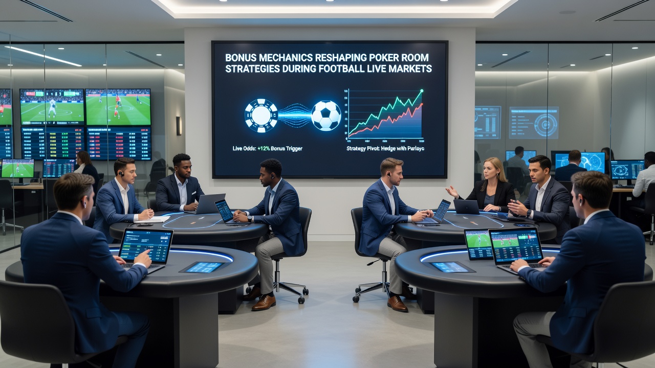 Live poker tables with players monitoring football odds on secondary screens