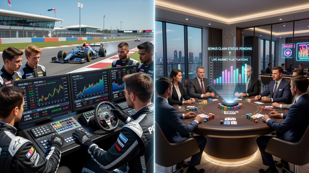 Card room floor with players monitoring both table action and live racing odds on screens
